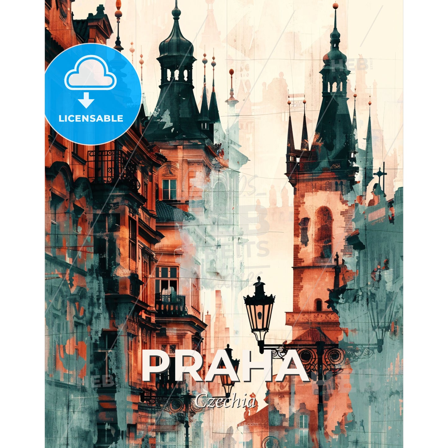 Prague Architectural Skyline Cityscape Art Poster - A street with buildings and a lamp post - Square format print template