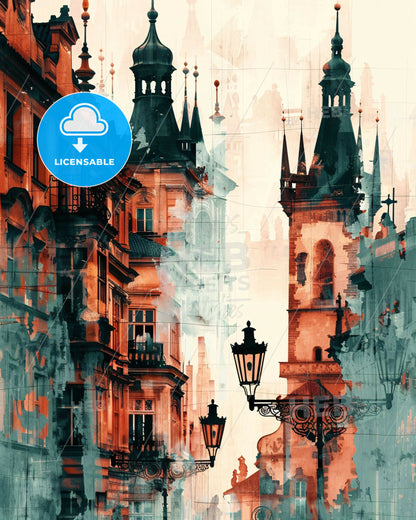 Prague Architectural Skyline Cityscape Art Poster - A street with buildings and a lamp post