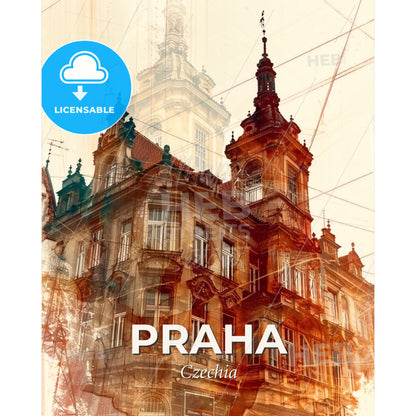 Prague Skyline Double Exposure Art Deco Poster - A building with a tower - Square format print template