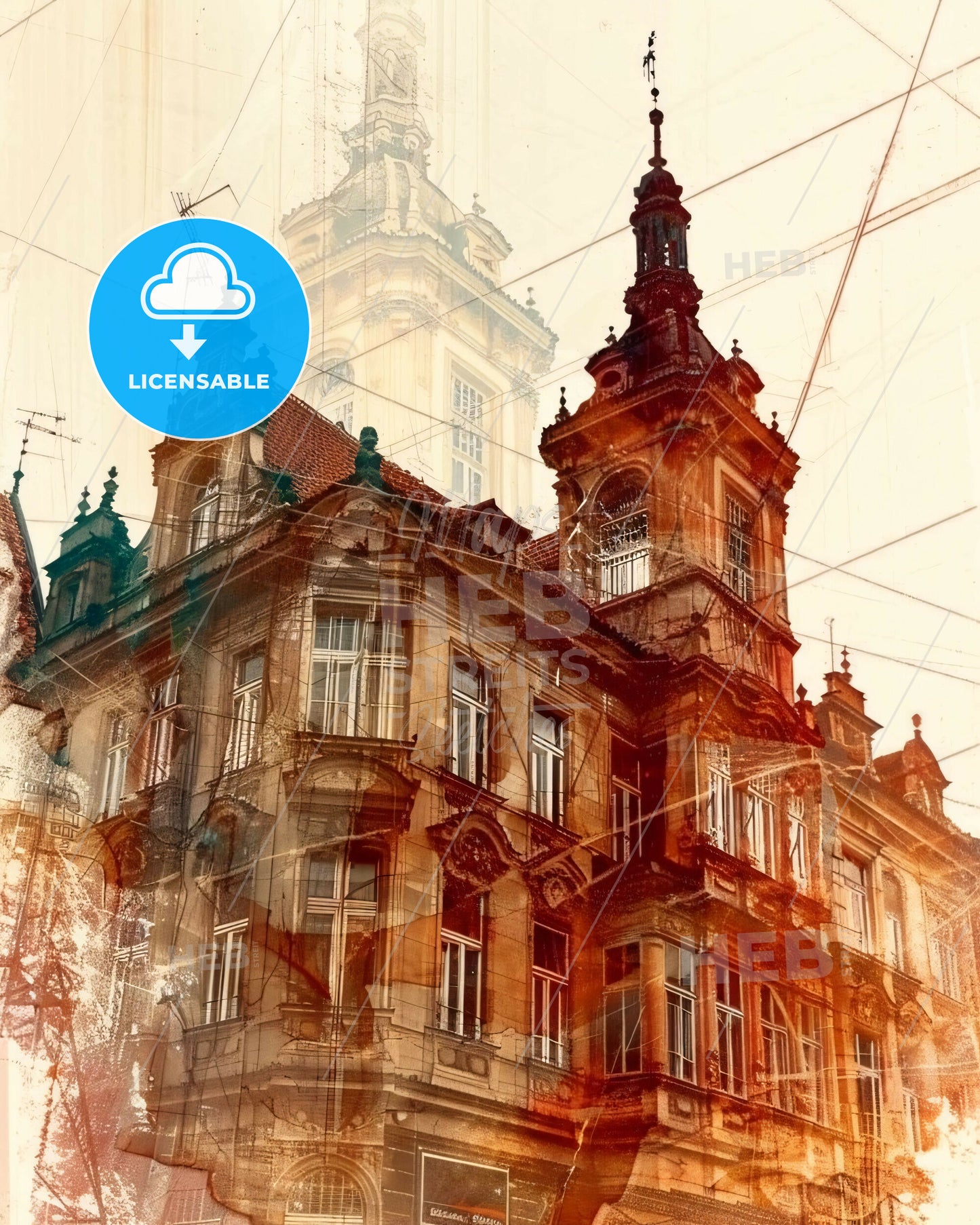 Prague Skyline Double Exposure Art Deco Poster - A building with a tower