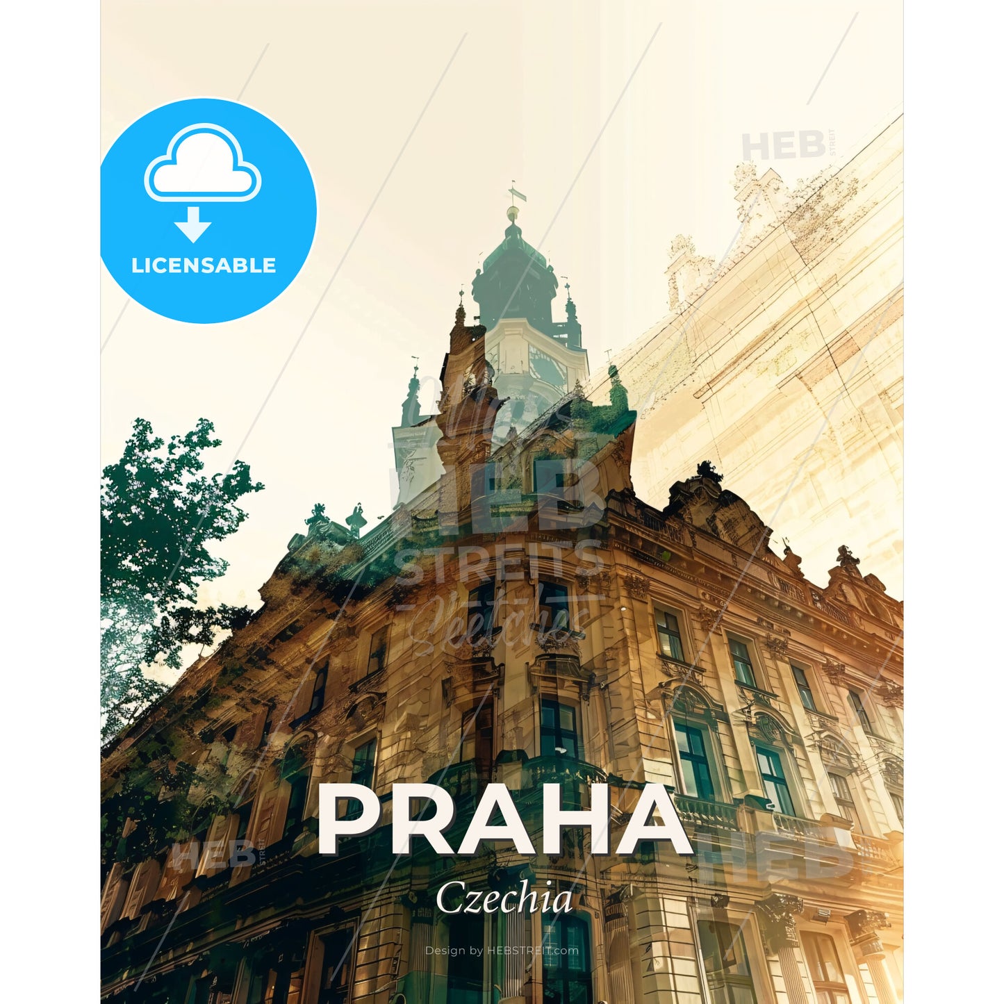 Prague Silhouette Skyline Double Exposure Poster - A building with a clock tower - Square format print template
