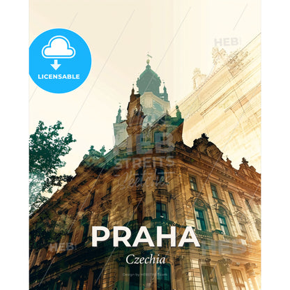 Prague Silhouette Skyline Double Exposure Poster - A building with a clock tower - Square format print template