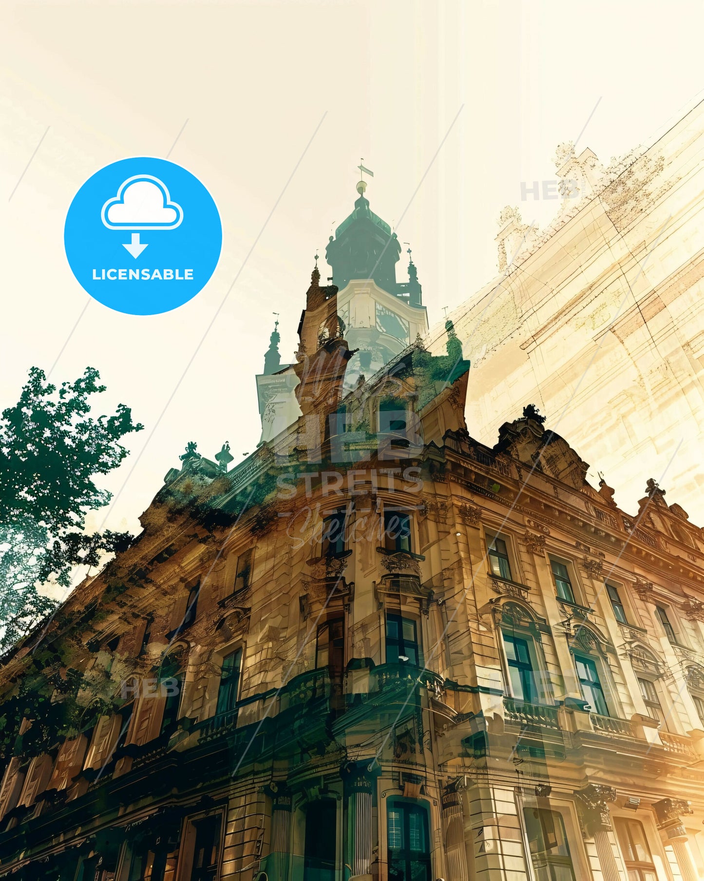 Prague Silhouette Skyline Double Exposure Poster - A building with a clock tower