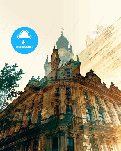 Prague Silhouette Skyline Double Exposure Poster - A building with a clock tower