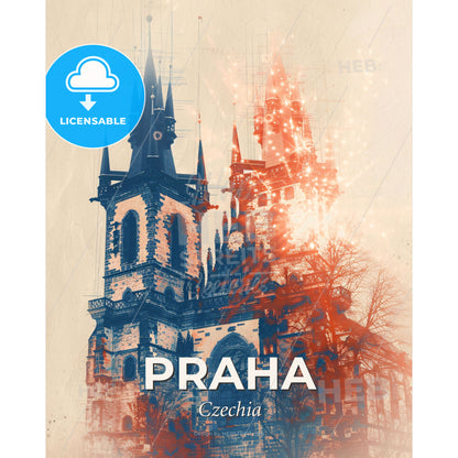 Prague Skyline Double Exposure Beige Art - A building with a tower - Square format print template