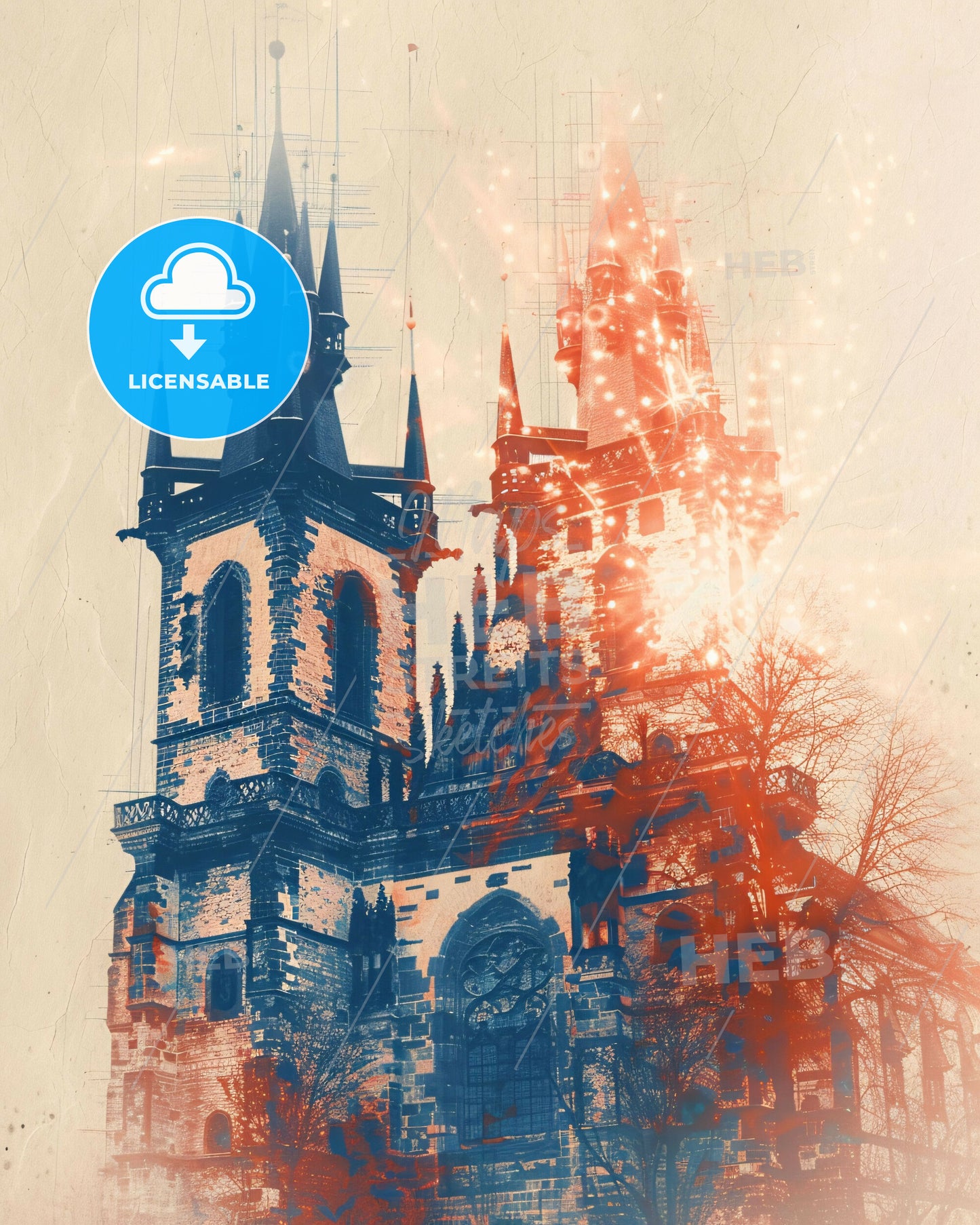 Prague Skyline Double Exposure Beige Art - A building with a tower