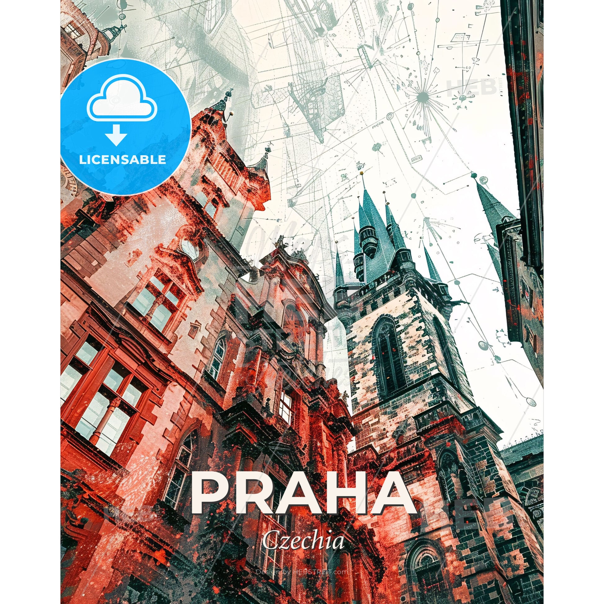 Prague Czechia Double Exposure Bright Poster - A building with towers and a tower - Square format print template