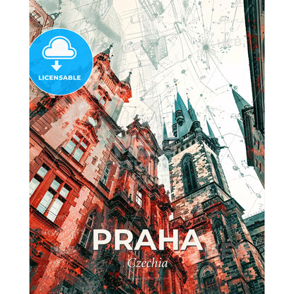 Prague Czechia Double Exposure Bright Poster - A building with towers and a tower - Square format print template