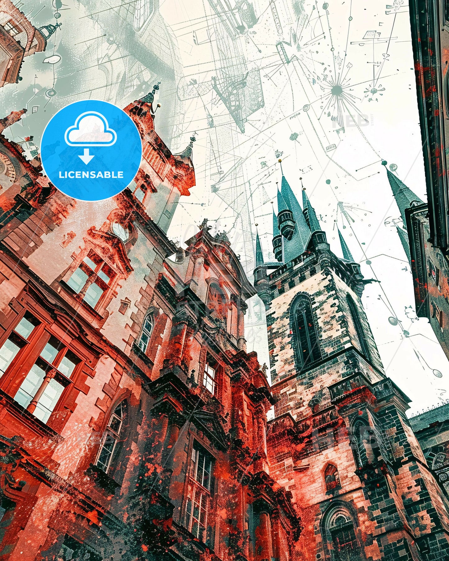 Prague Czechia Double Exposure Bright Poster - A building with towers and a tower