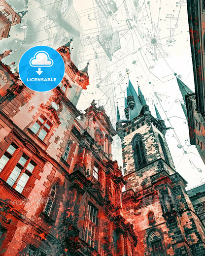 Prague Czechia Double Exposure Bright Poster - A building with towers and a tower