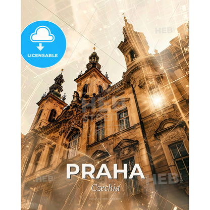 Prague Cityscape - Double Exposure Skyline Art - A building with towers and lights - Square format print template
