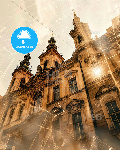 Prague Cityscape - Double Exposure Skyline Art - A building with towers and lights