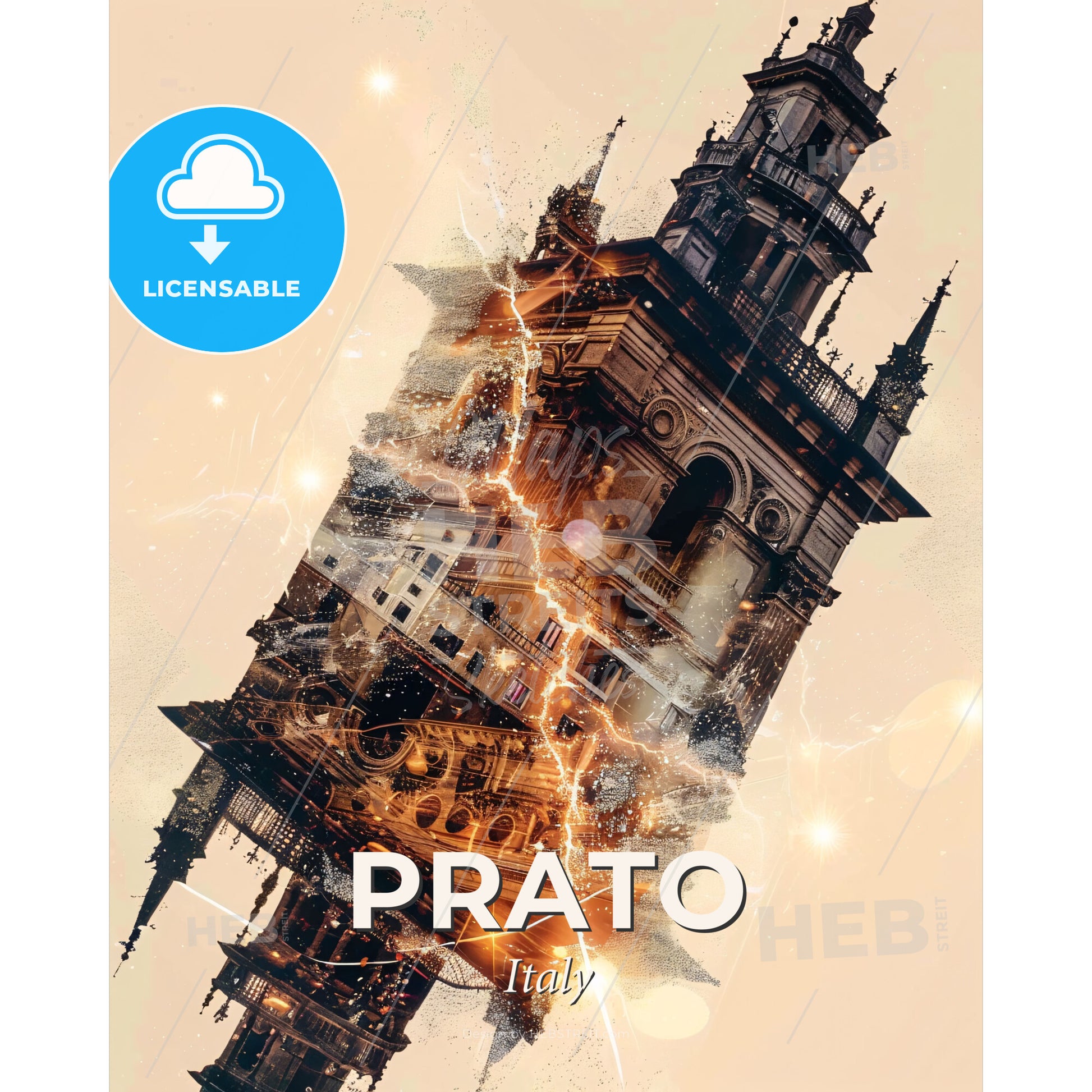 Prato Skyline Composite Architectural Art Bright Beige - A building with a tower and lightning - Square format print template
