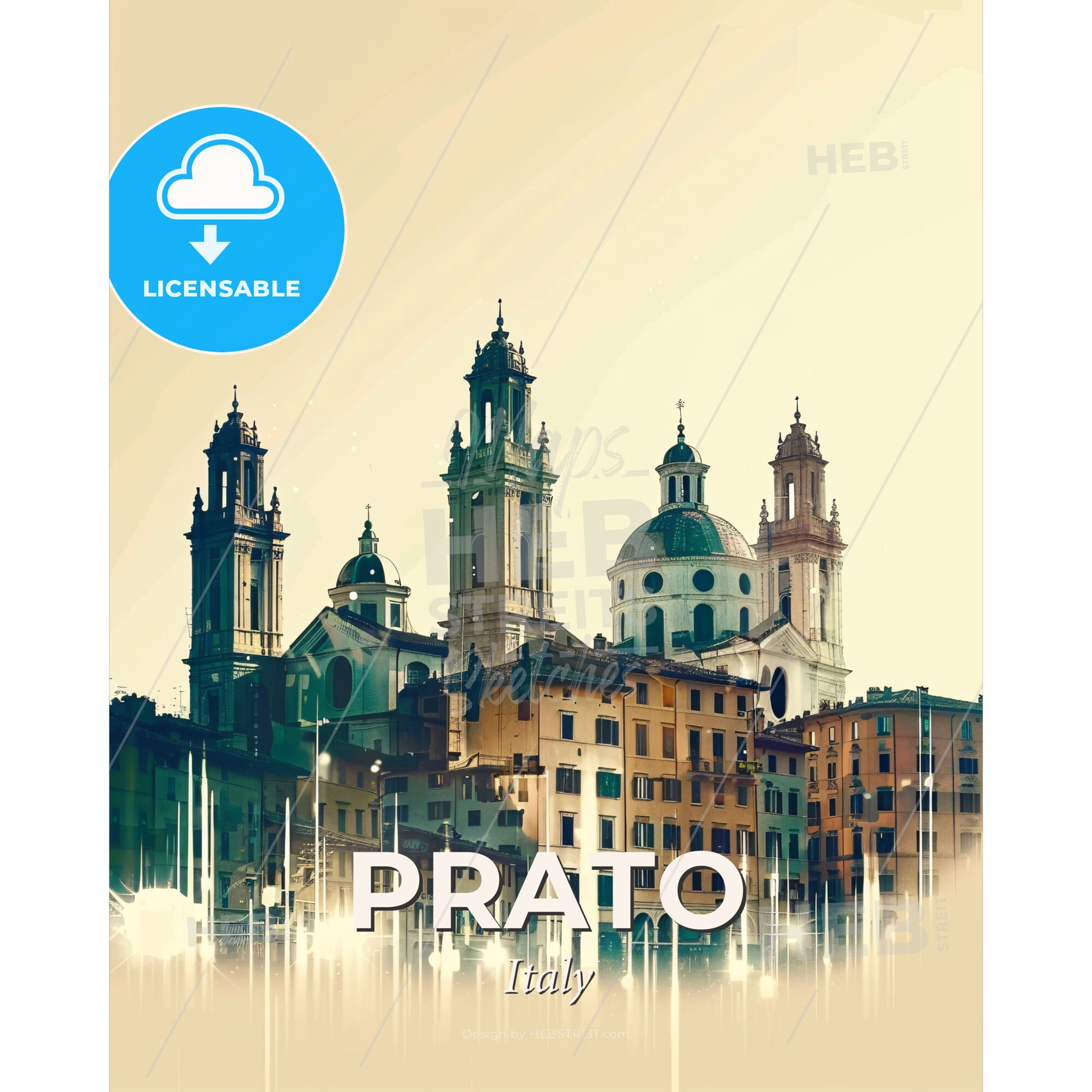Prato City Skyline Silhouette Landmarks Poster Art - A group of buildings with towers - Square format print template