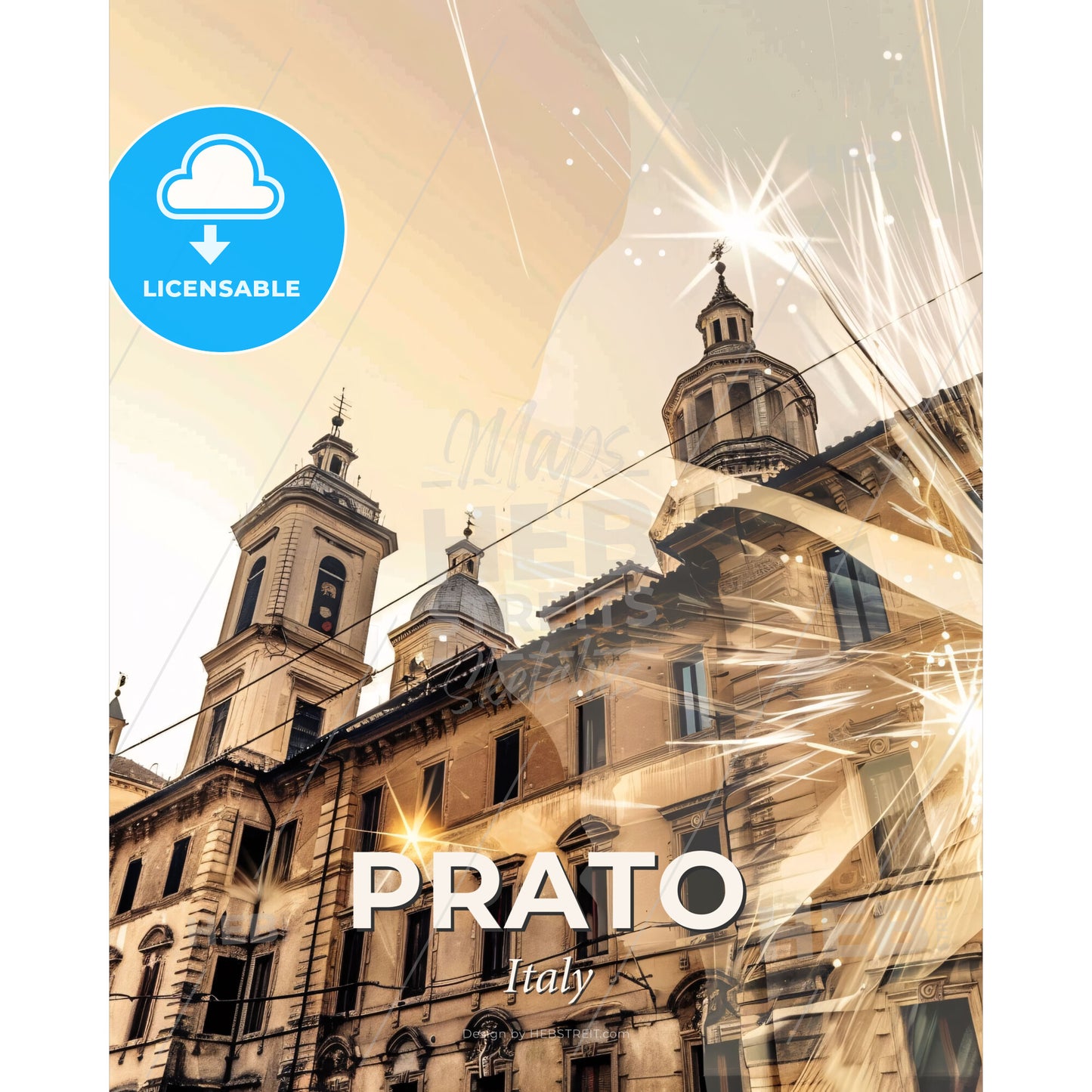 Prato Italy Composite Skyline Double Exposure Poster - A building with a fireworks display - Square format print template