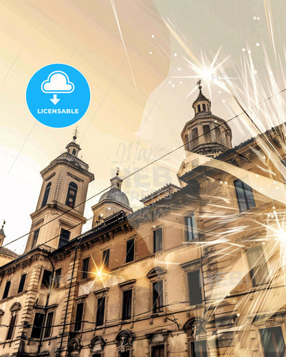 Prato Italy Composite Skyline Double Exposure Poster - A building with a fireworks display