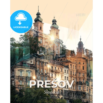 Prešov Skyline in Double Exposure Composite Art - A building with trees in the background - Square format print template
