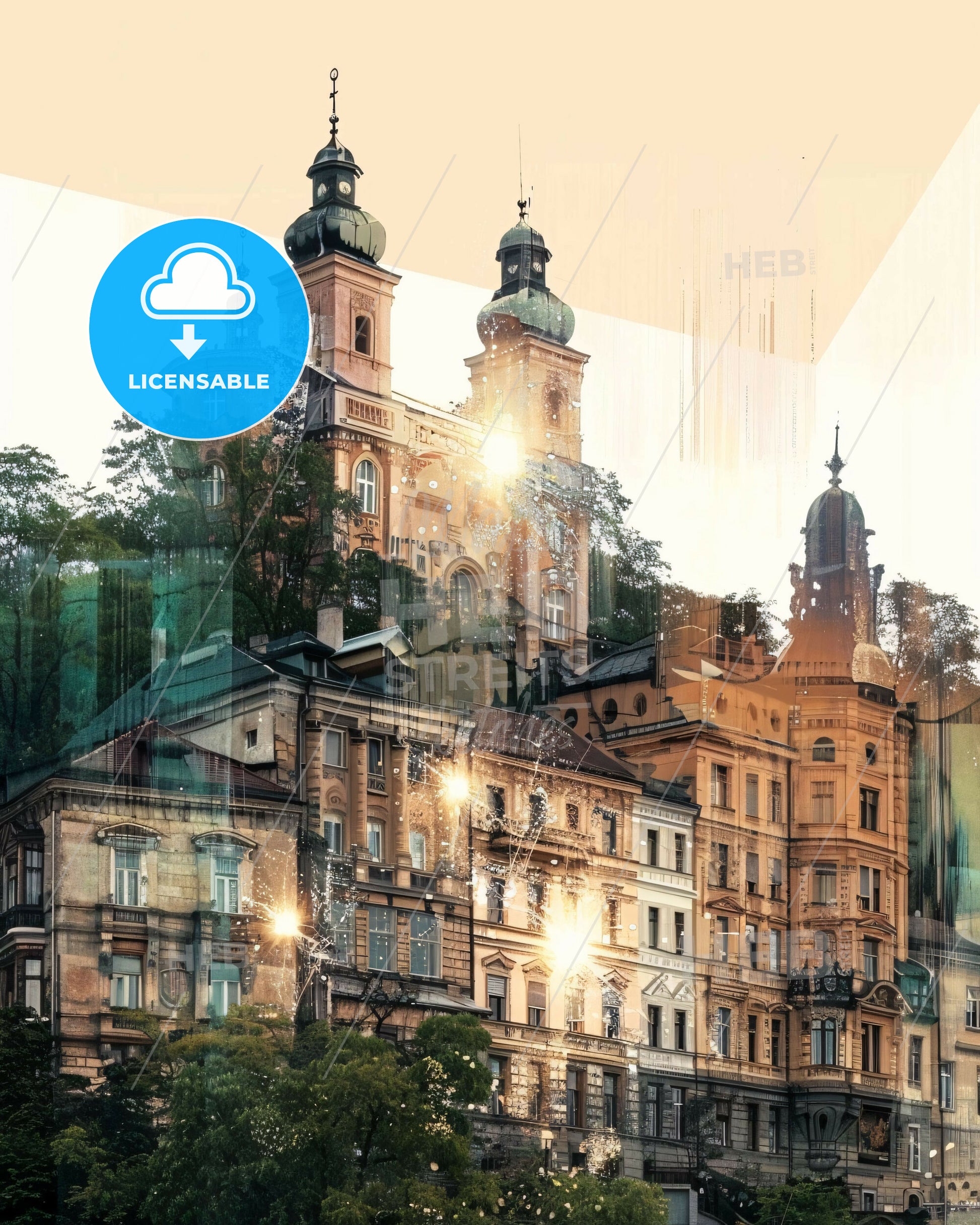 Prešov Skyline in Double Exposure Composite Art - A building with trees in the background