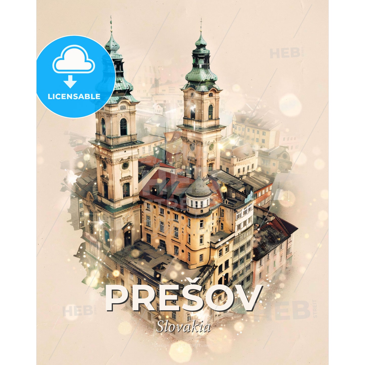 Prešov Cityscape Art Poster: Modern and Local - A building with towers and a tower - Square format print template