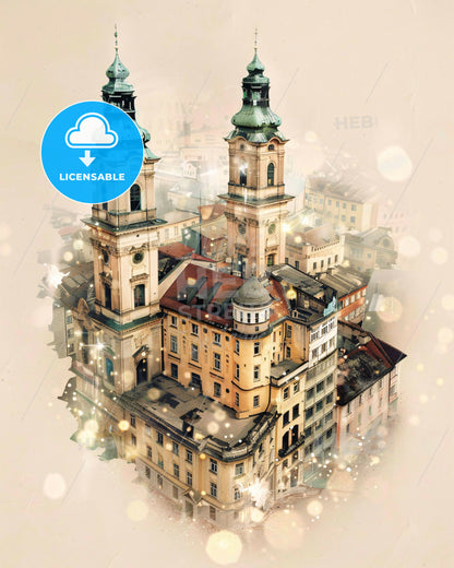 Prešov Cityscape Art Poster: Modern and Local - A building with towers and a tower