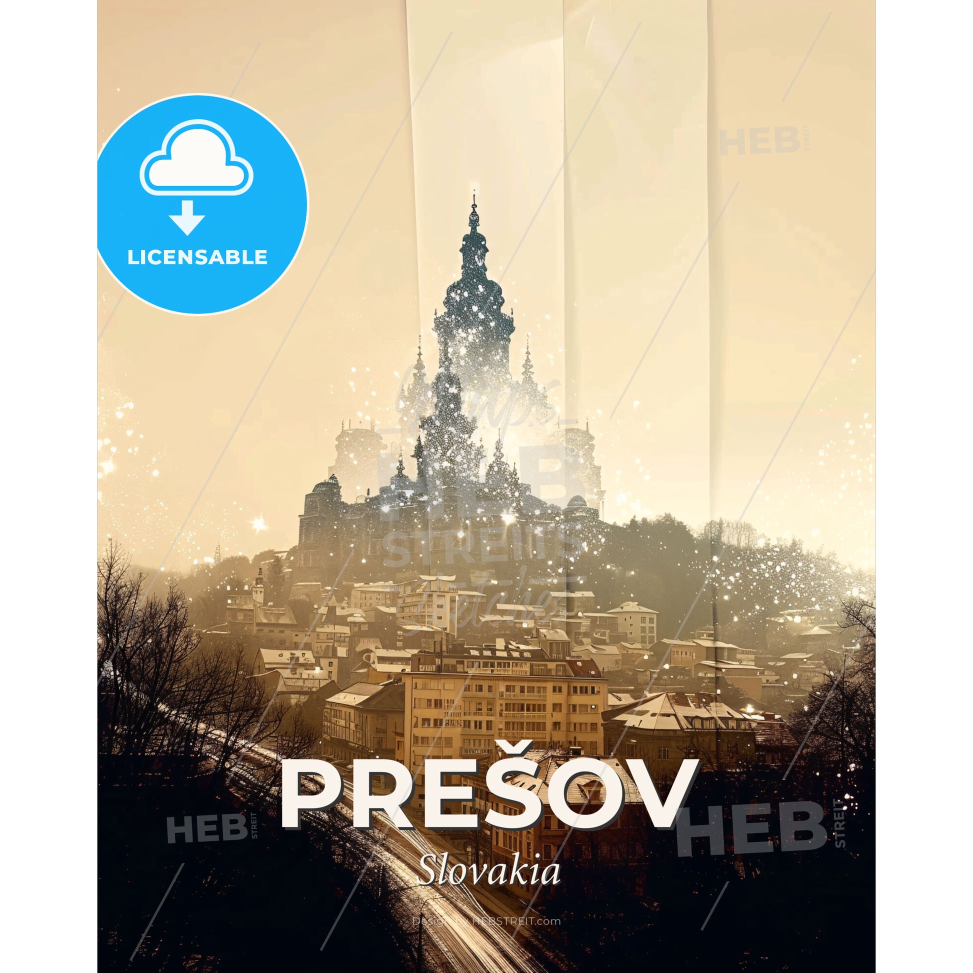 PreÅ¡ov City Skyline Poster with Sparkling Architecture - A city with a castle in the distance - Square format print template