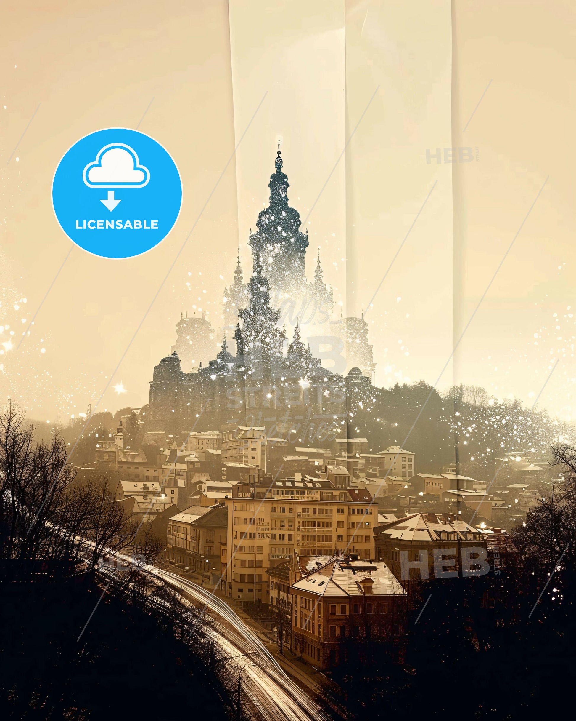 PreÅ¡ov City Skyline Poster with Sparkling Architecture - A city with a castle in the distance