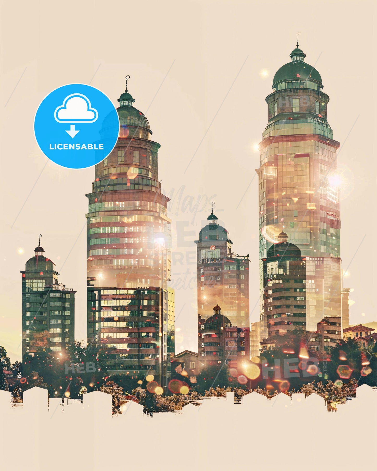 PriÅ¡tina Skyline Iconic Architecture Poster - A group of tall buildings with green tops