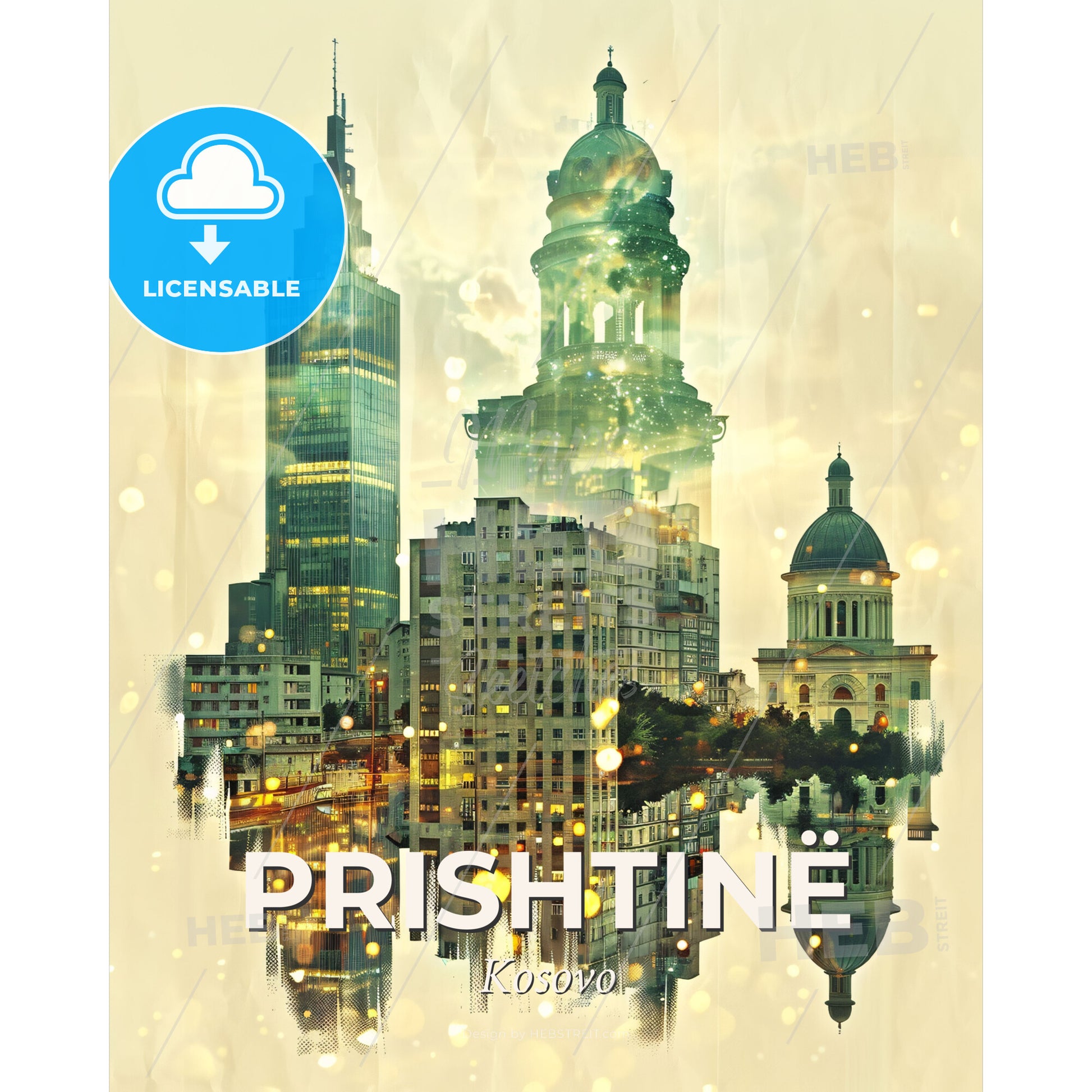 Prishtina Skyline Iconography Artistic Poster - A city with many buildings and a reflection of it - Square format print template