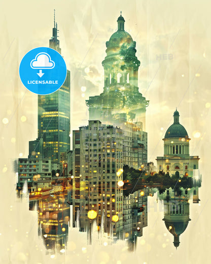 Prishtina Skyline Iconography Artistic Poster - A city with many buildings and a reflection of it