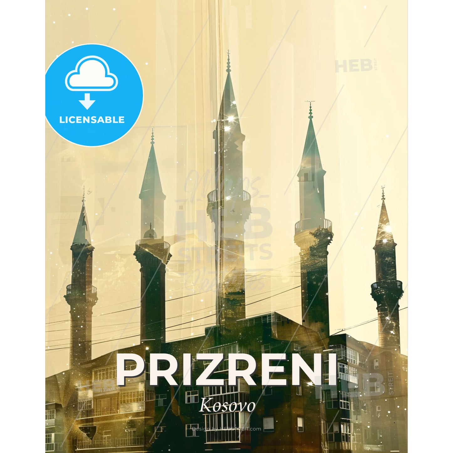 Prizreni City Skyline Double Exposure Art Poster - A building with towers and towers - Square format print template