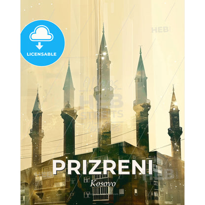 Prizreni City Skyline Double Exposure Art Poster - A building with towers and towers - Square format print template