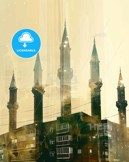 Prizreni City Skyline Double Exposure Art Poster - A building with towers and towers