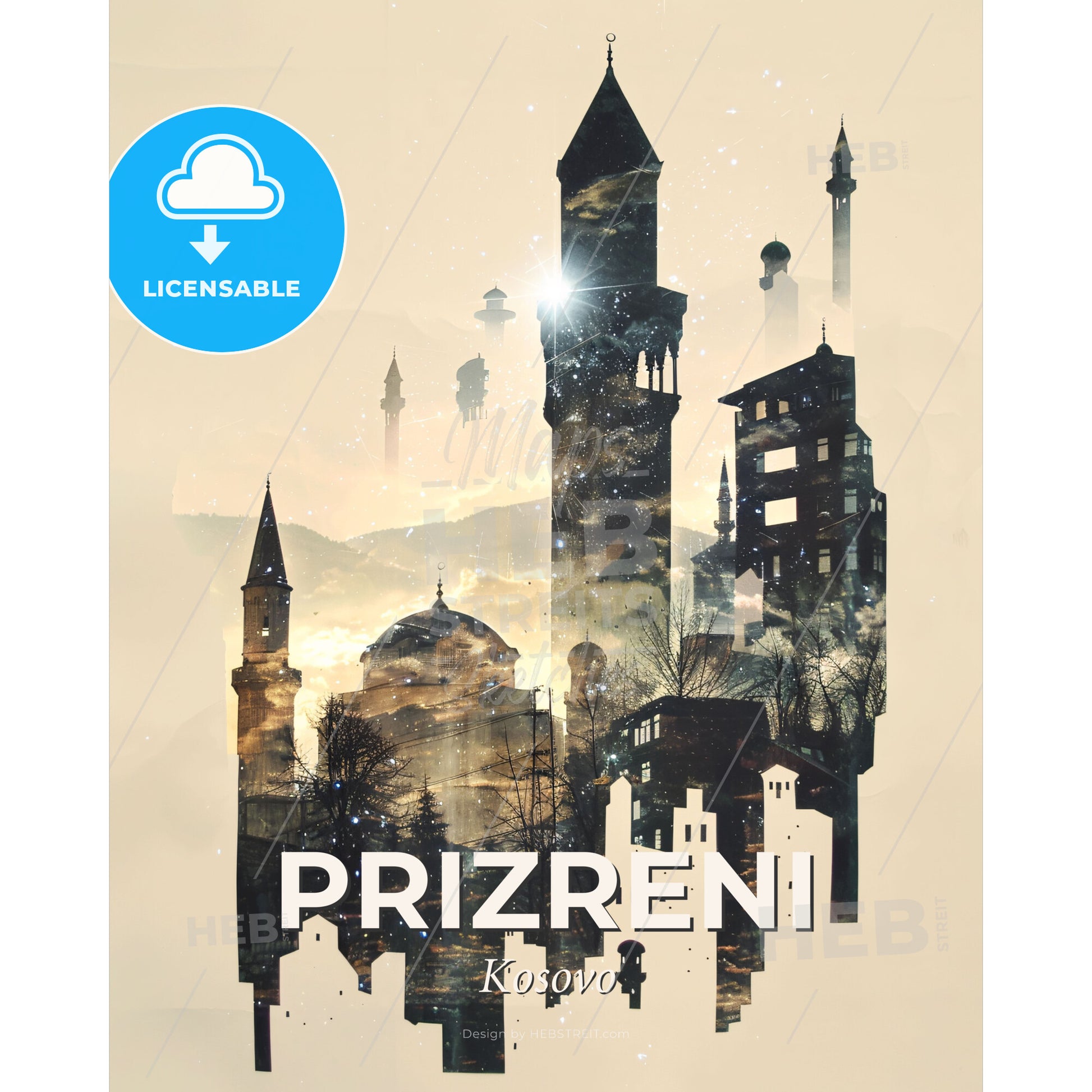 Prizren Skyline Composite Art Poster - A city with towers and buildings - Square format print template