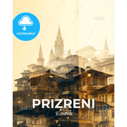 Prizren City Skyline & Local Icons Double Exposure Art Poster - A group of buildings with towers - Square format print template