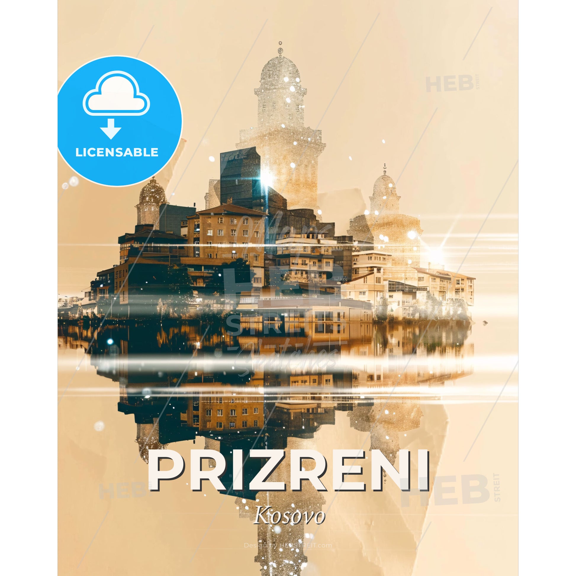 Prizreni Skyline Art Poster: Cityscape and Architecture - A city with buildings reflected in water - Square format print template