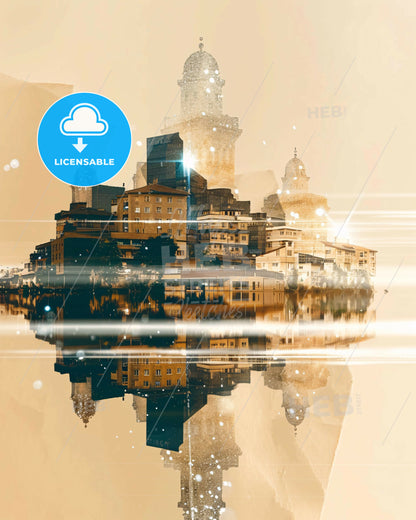 Prizreni Skyline Art Poster: Cityscape and Architecture - A city with buildings reflected in water