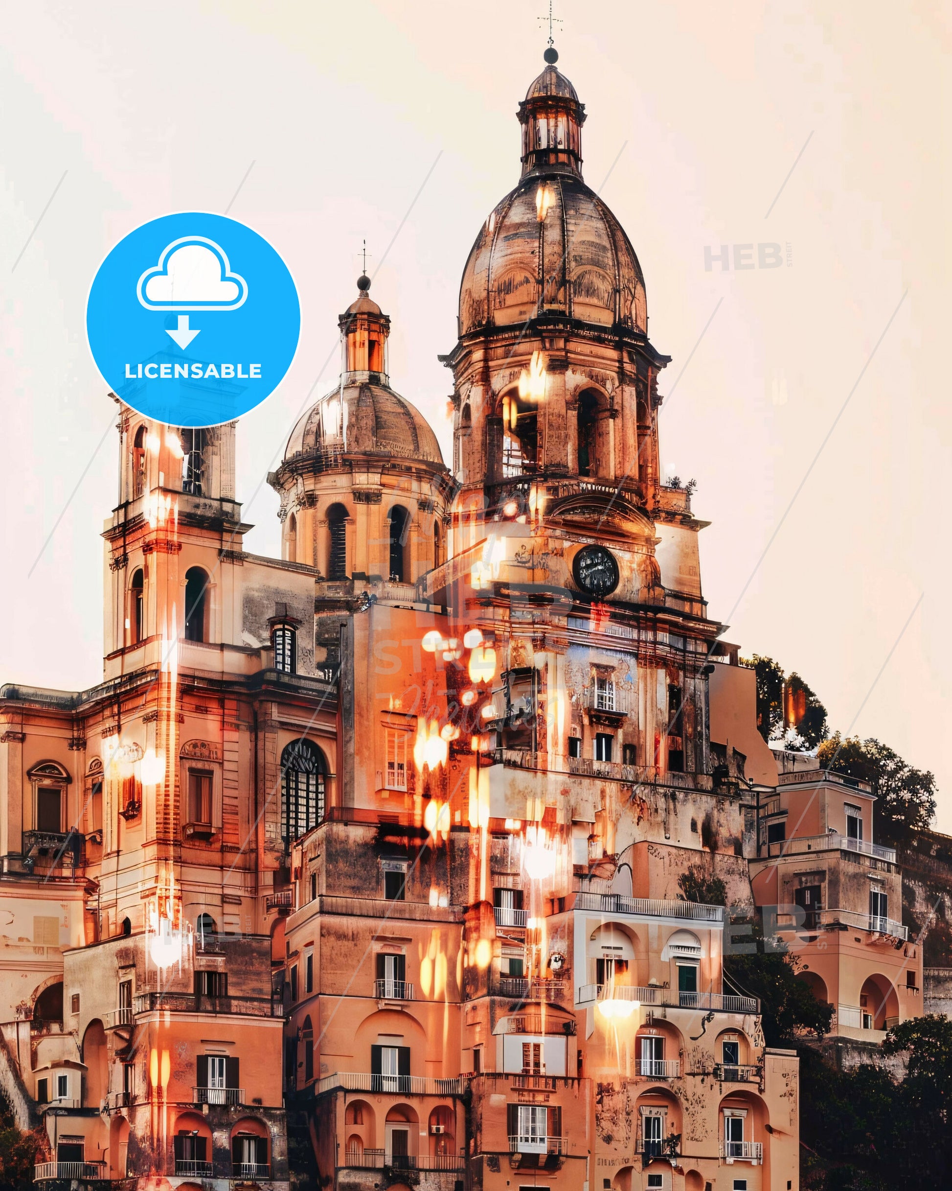 Procida Skyline Double Exposure Composite Poster - A building with a clock tower