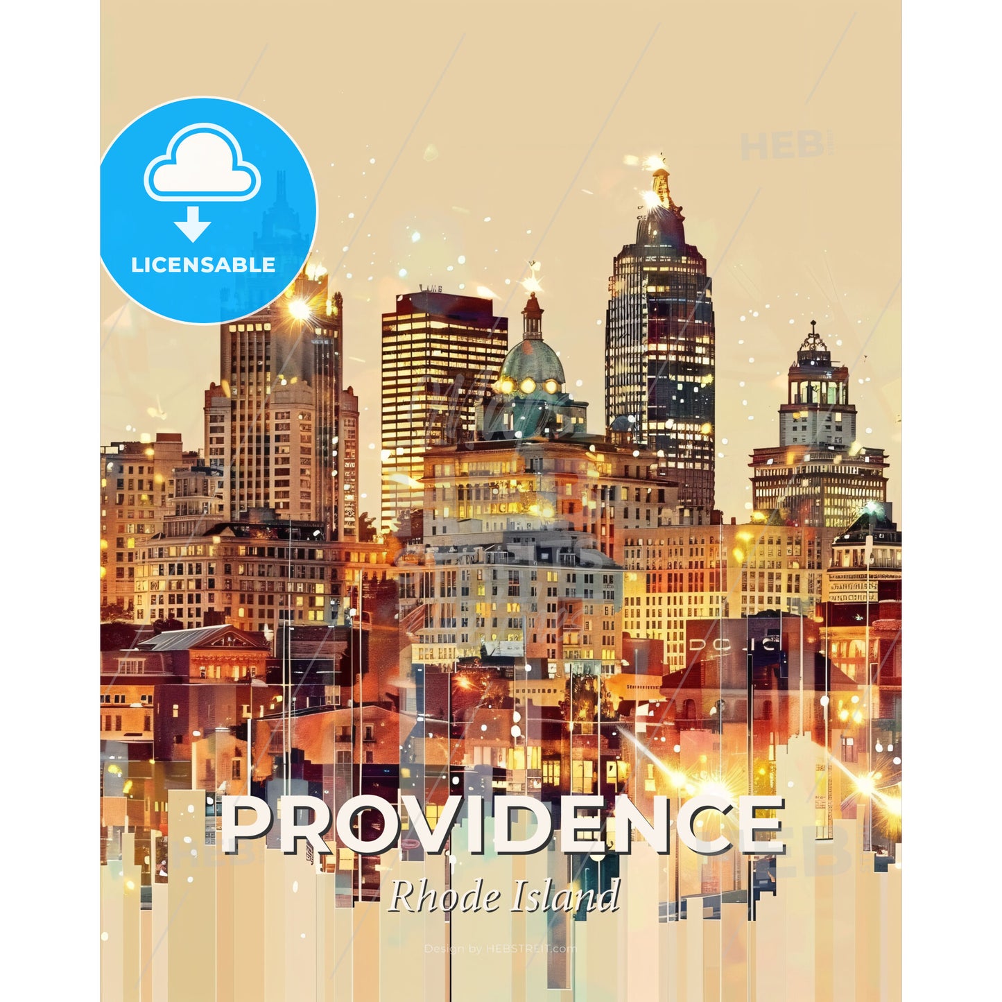 Providence: City Skyline Double Exposure Poster Art - A city skyline with many tall buildings - Square format print template