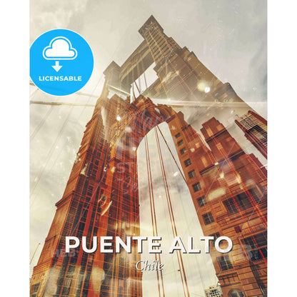 Puente Alto City Skyline Art Print in Majestic Hues - A tall bridge with red ropes - Square format print template