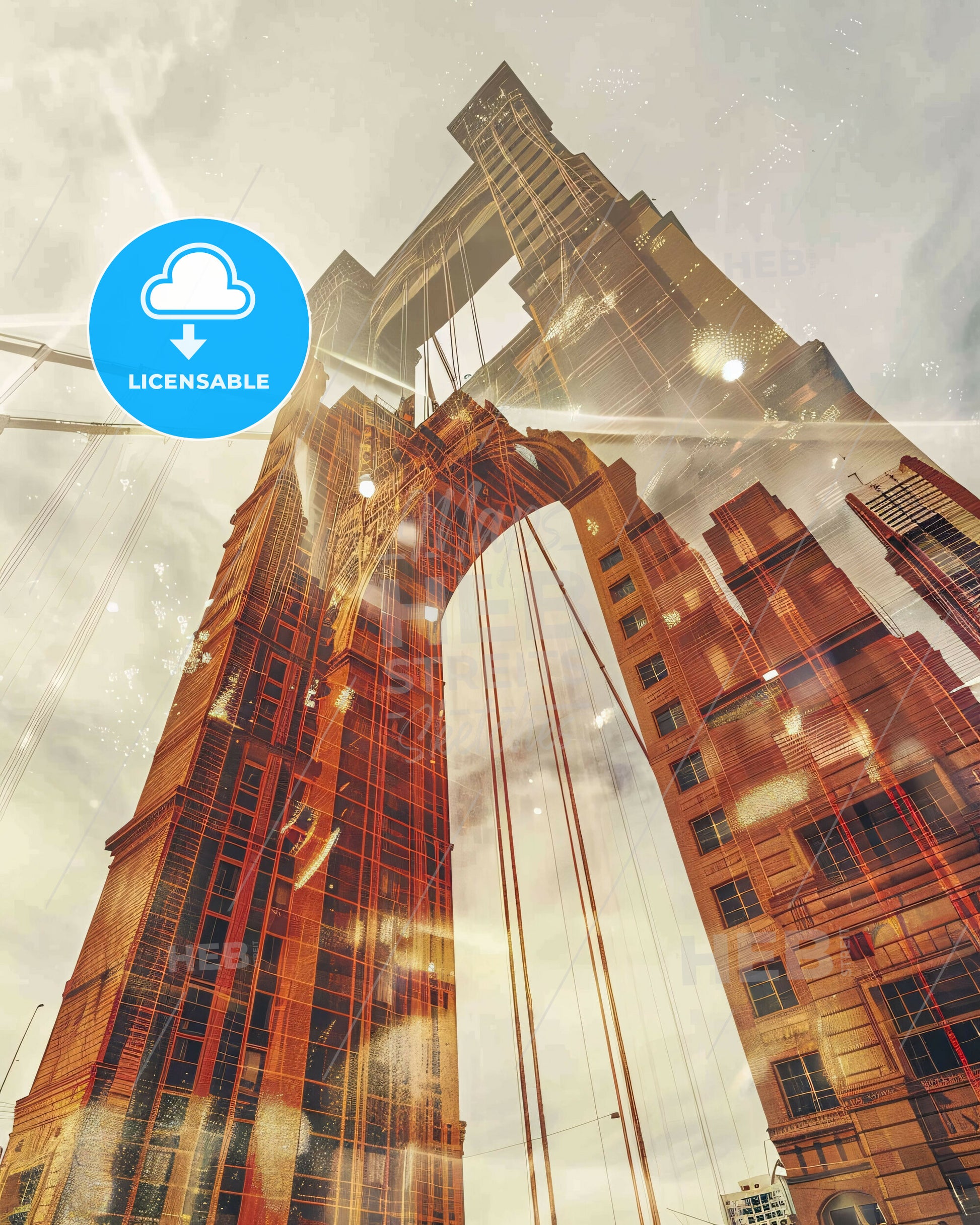 Puente Alto City Skyline Art Print in Majestic Hues - A tall bridge with red ropes