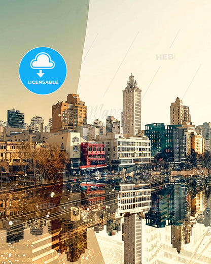 Puente Alto City Skyline Double Exposure Poster Art - A city with many buildings