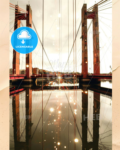 Puente de Vallecas Skyline: Urban Hues and Architectural Icons - A bridge with cables and a body of water