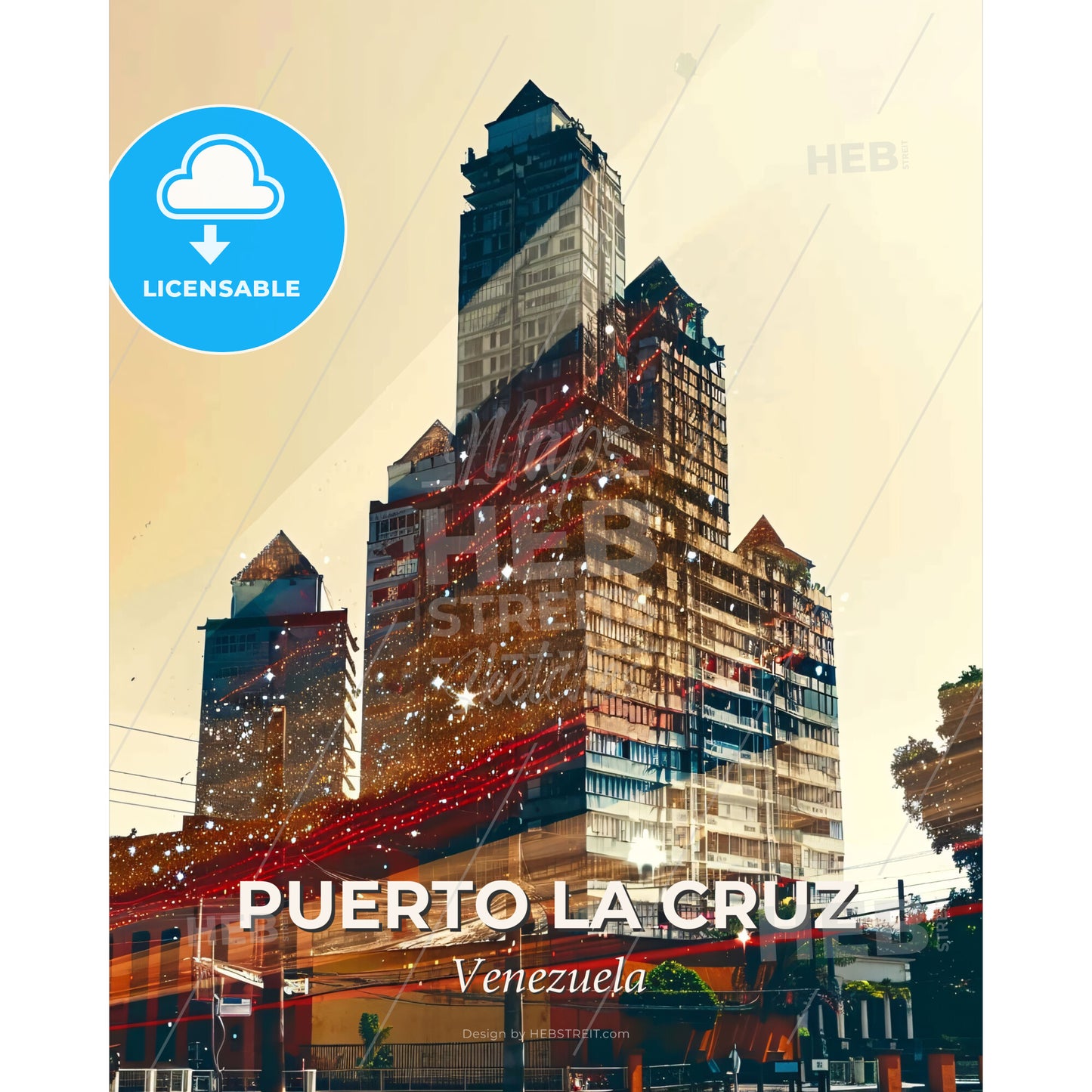 Puerto La Cruz: Double Exposure Urban Skyline Vista - A tall building with a tall tower - Square format print template