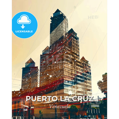 Puerto La Cruz: Double Exposure Urban Skyline Vista - A tall building with a tall tower - Square format print template