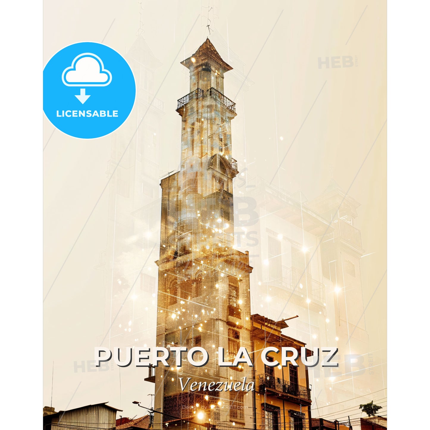 Puerto La Cruz City Skyline Composite Art - A tall building with a tower - Square format print template