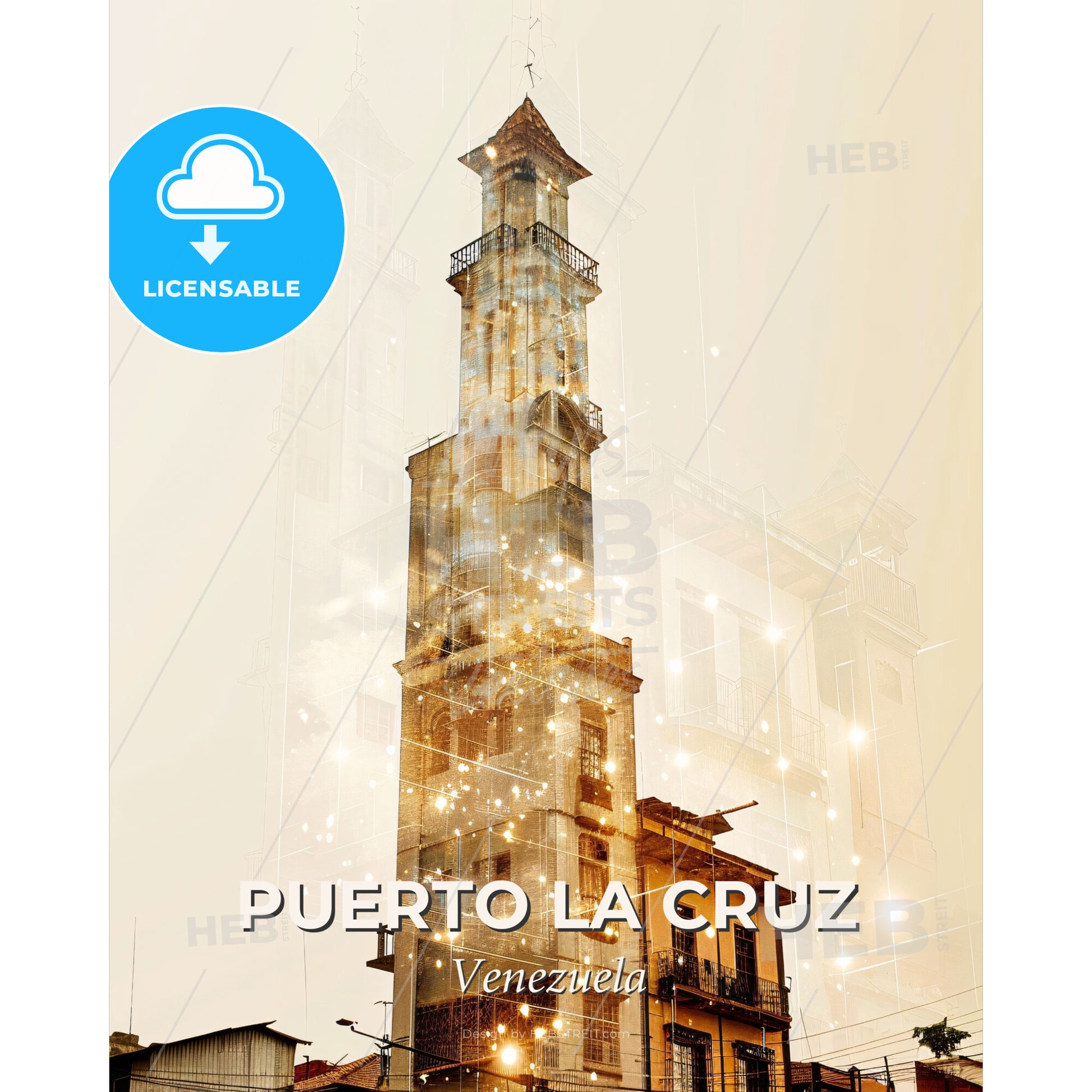 Puerto La Cruz City Skyline Composite Art - A tall building with a tower - Square format print template