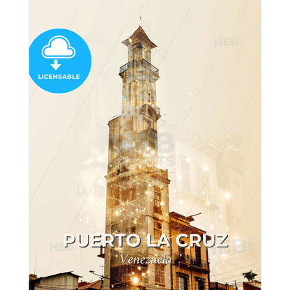 Puerto La Cruz City Skyline Composite Art - A tall building with a tower - Square format print template