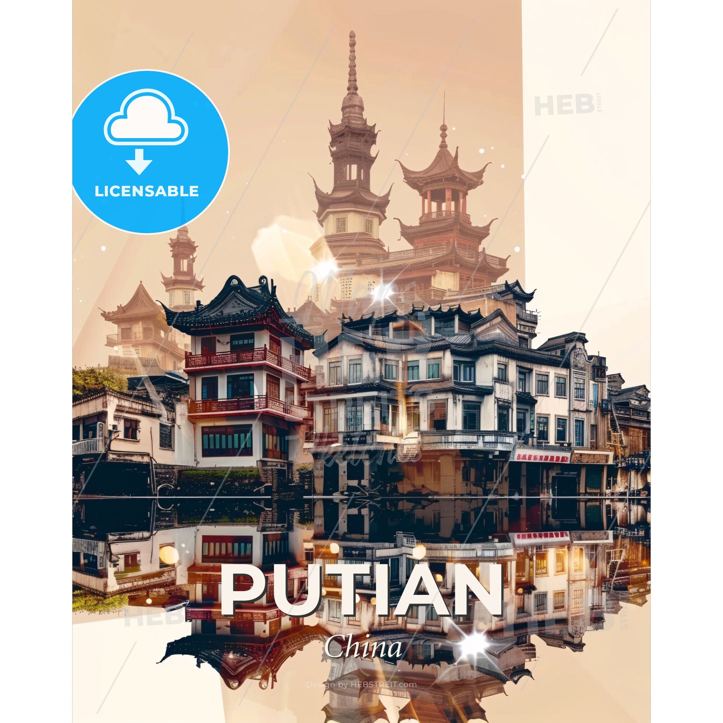 Putian: Double Exposure Skyline Tapestry - A building with towers and a body of water - Square format print template