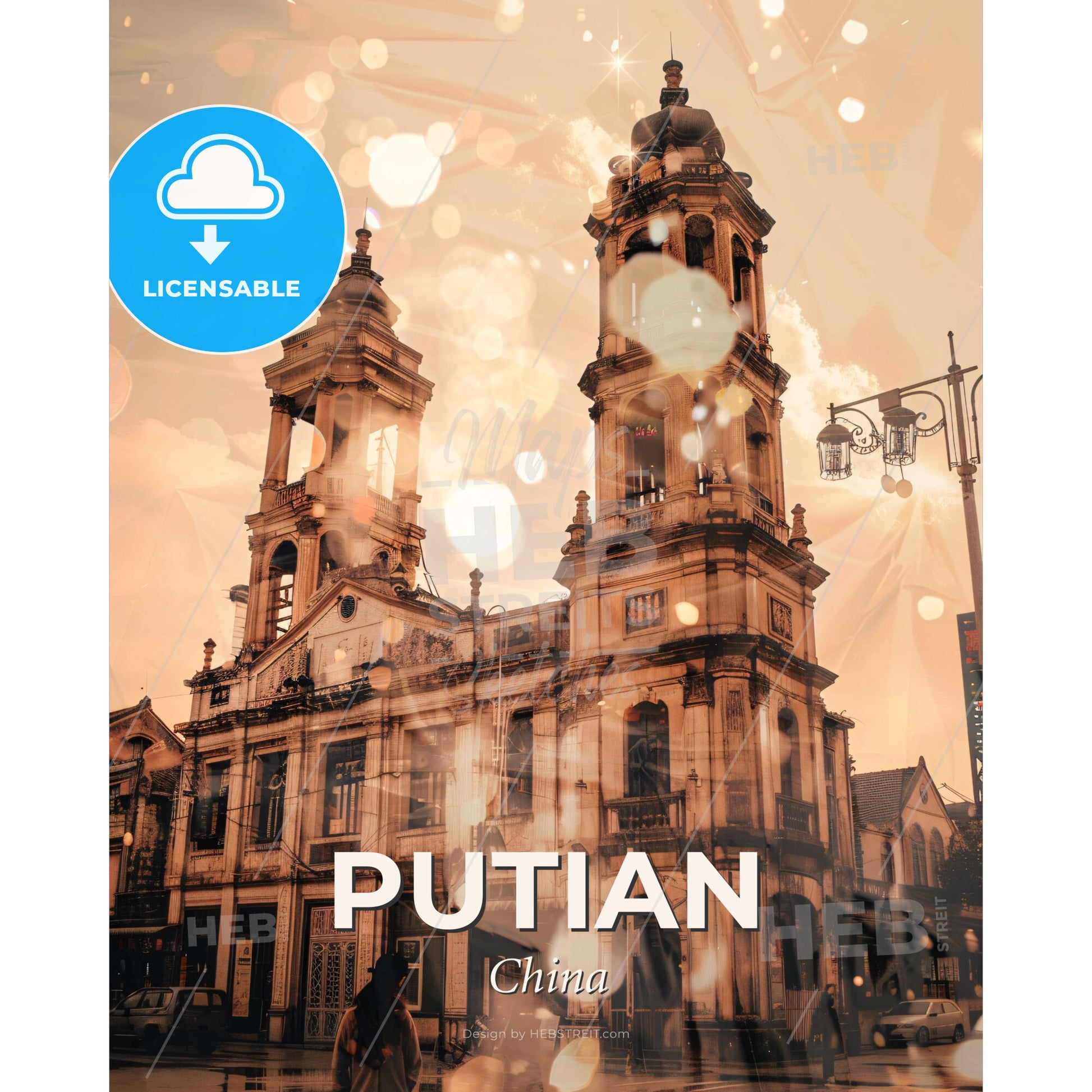 Putian City Skyline Architectural Poster Art - A building with a bell tower - Square format print template