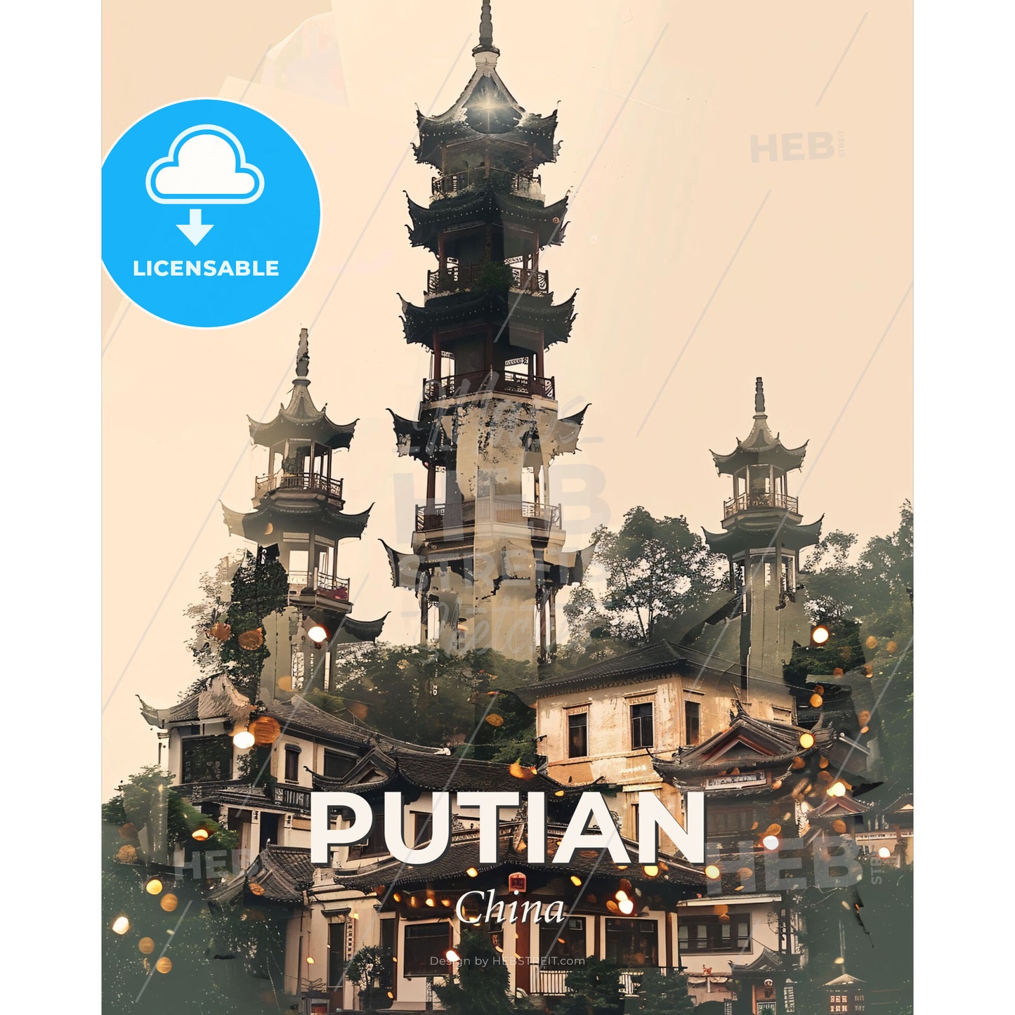 Putian China Composite Art Skyline Poster - A building with a tower - Square format print template
